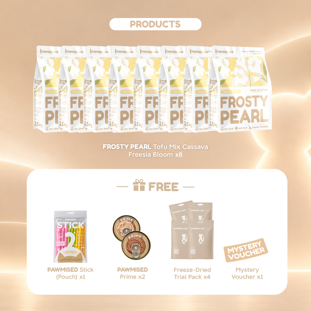 What's in the bundle: 8 packs of Frosty Pearl Tofu Mix Cassava Freesia Bloom litter, plus a Pawmised Stick pouch, 2 Prime cans, 4 freeze-dried trial packs and a mystery voucher