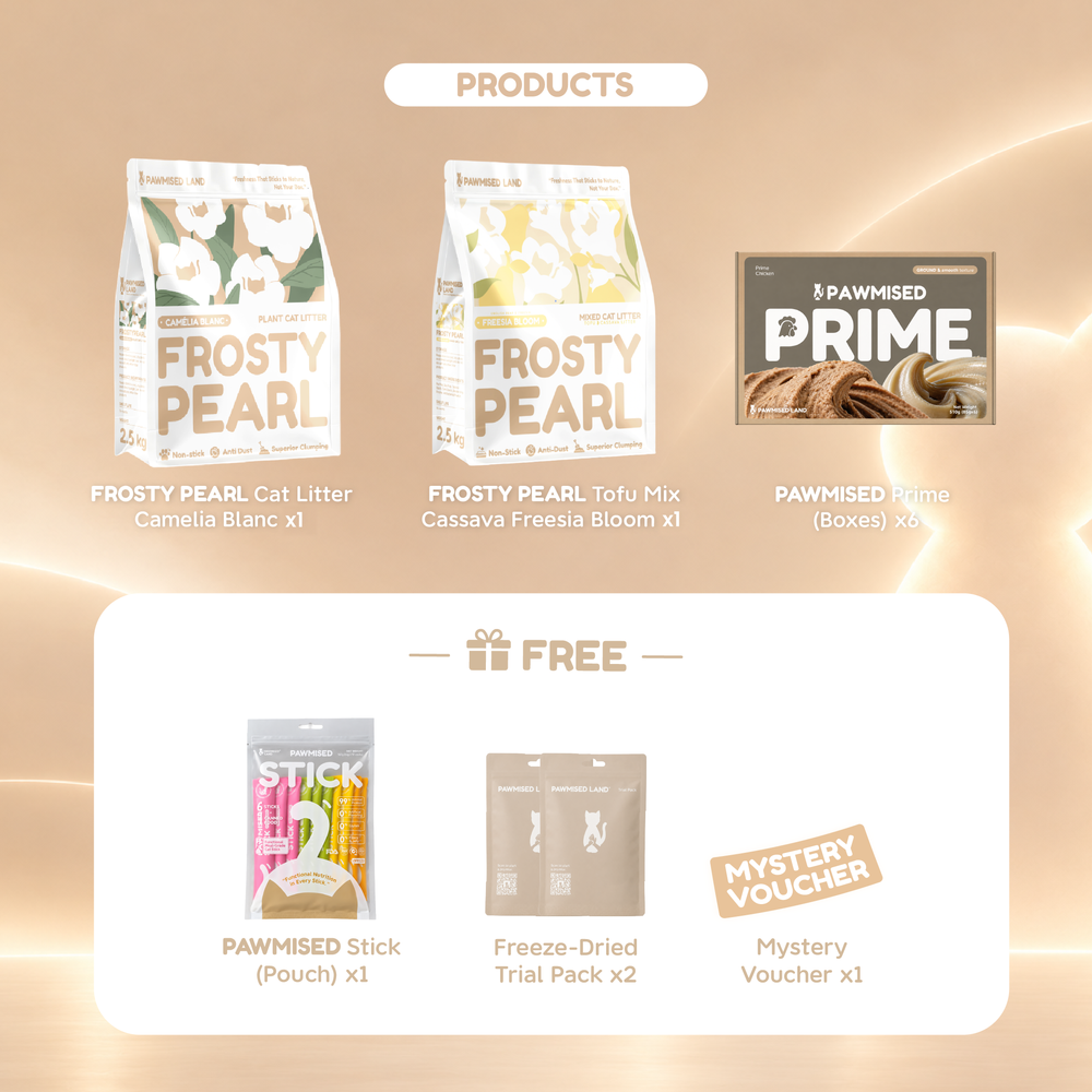 What's in the Explore Trial Bundle: 1 pack of Frosty Pearl Camelia Blanc litter, 1 pack of Frosty Pearl Tofu Mix Cassava Freesia Bloom litter, 6 boxes of Pawmised Prime, and free gifts