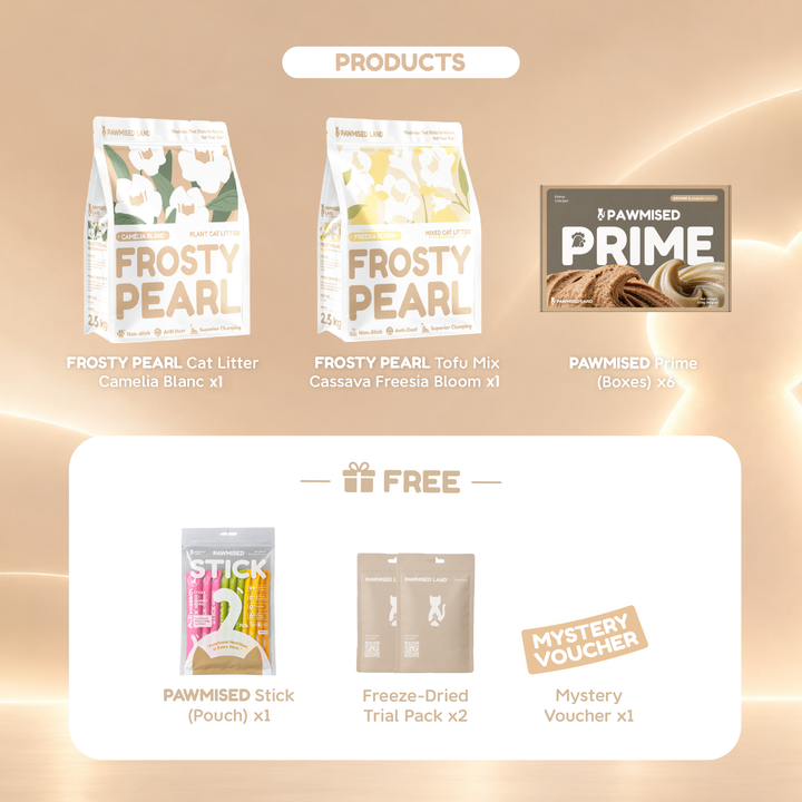 What's in the Explore Trial Bundle: 1 pack of Frosty Pearl Camelia Blanc litter, 1 pack of Frosty Pearl Tofu Mix Cassava Freesia Bloom litter, 6 boxes of Pawmised Prime, and free gifts
