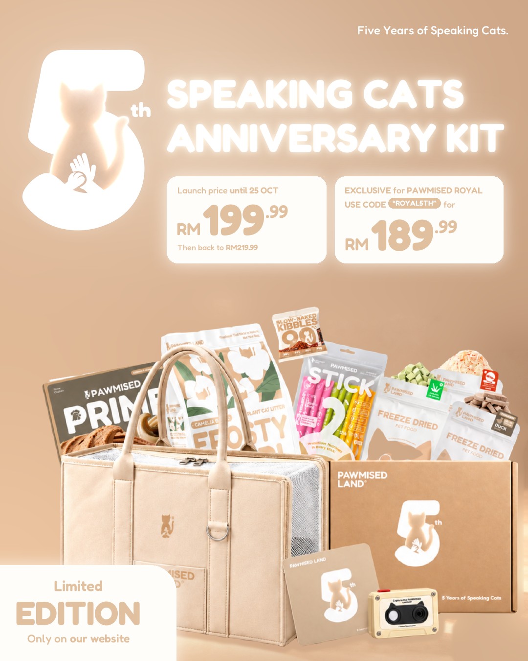 Speaking Cats Anniversary Kit. Launch price RM199.99 until 25 Oct, then back to RM219.99. Pawmised Royals pay RM189.99 with code ROYAL5TH. Limited edition, only on our website.