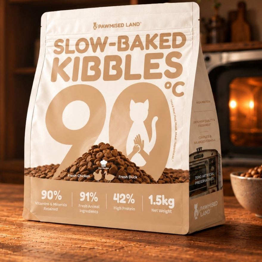 Slow-Baked Kibbles 1.5kg bag in the new packaging on a kitchen counter